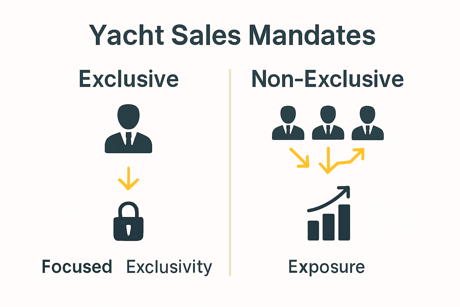 Comparison infographic of exclusive versus non-exclusive yacht sales mandates