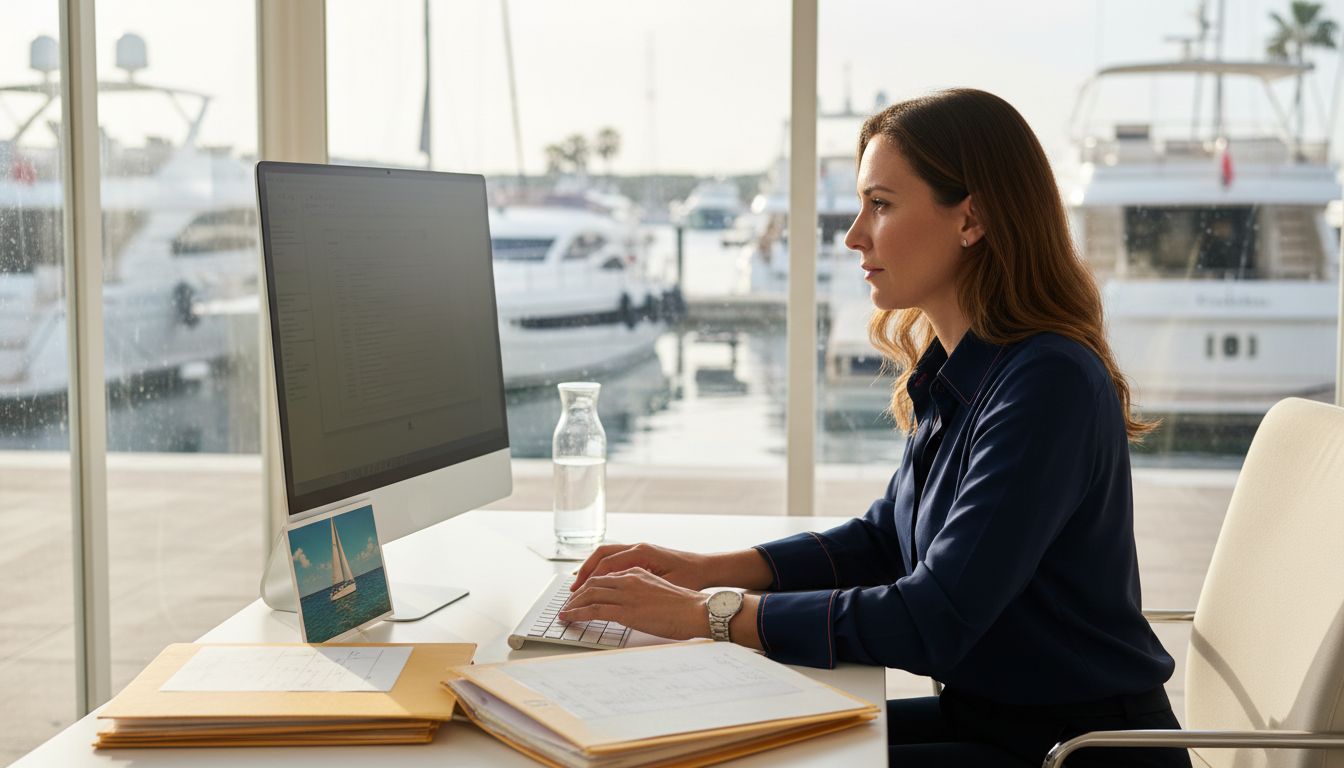 Broker updating CRM in harbor office