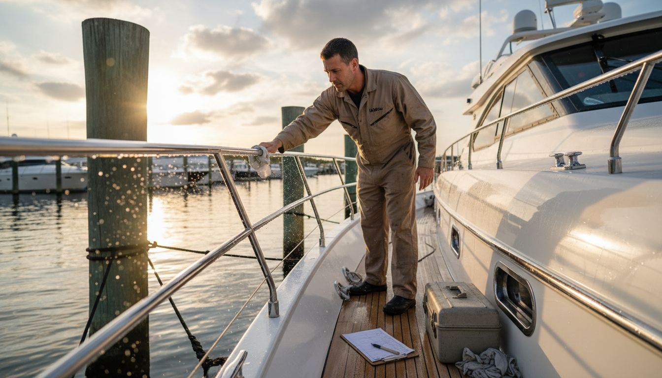 Technician preparing yacht for broker inspection