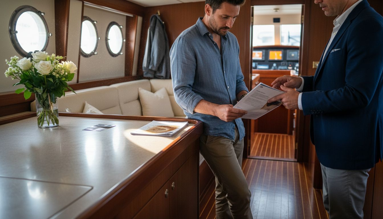 Yacht buyer reviewing interior with broker