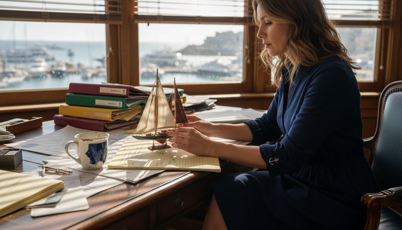 Broker comparing yacht models at office desk