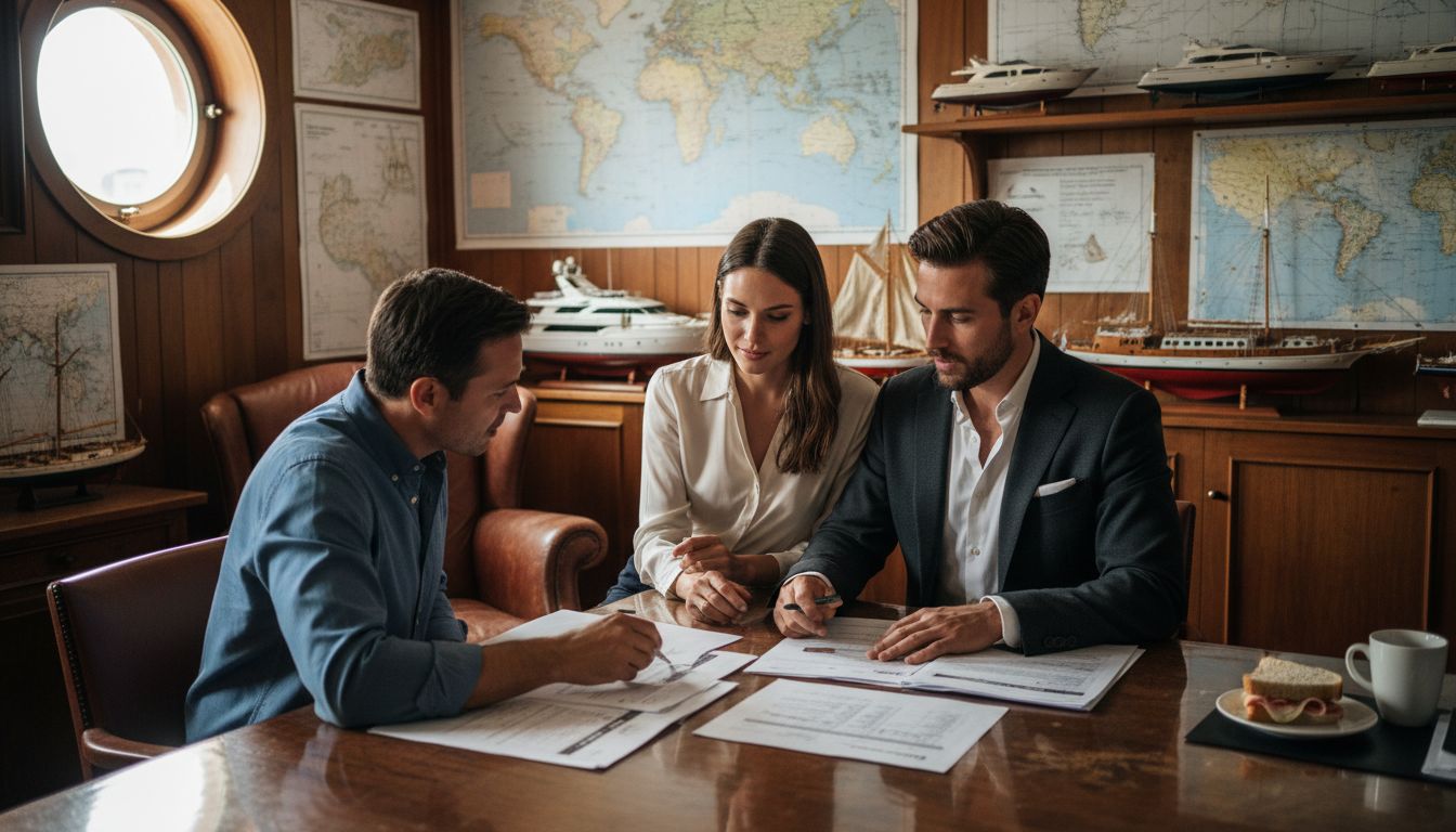 Couple consulting yacht broker in office