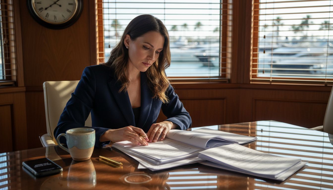 Broker reviews yacht sale paperwork inside