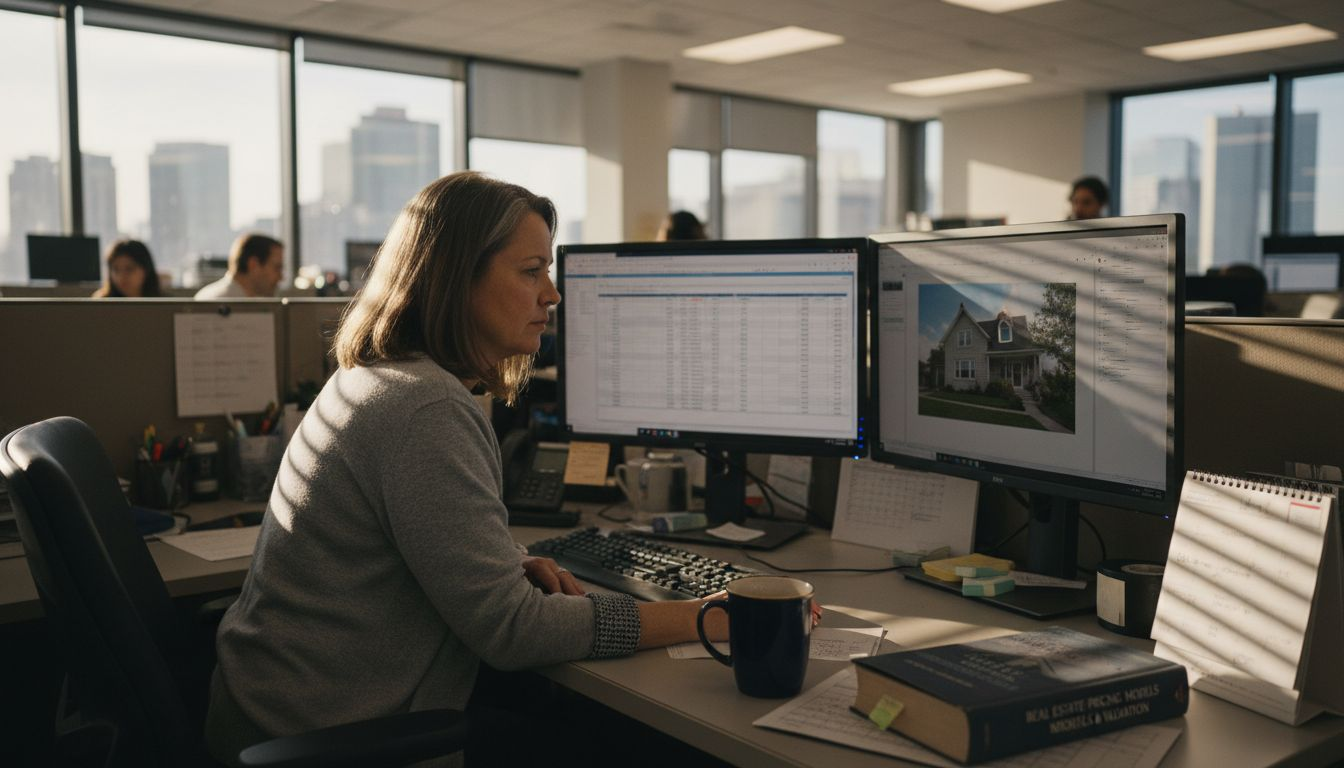 Analyst reviews property valuation data on monitors