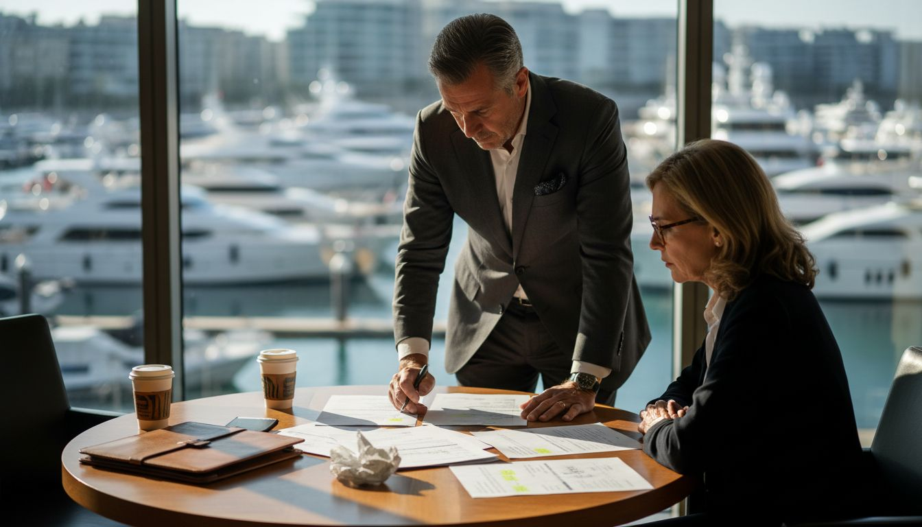 Broker presenting yacht details to client