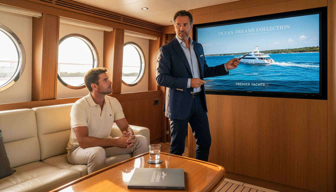 Broker presenting digital yacht story onboard