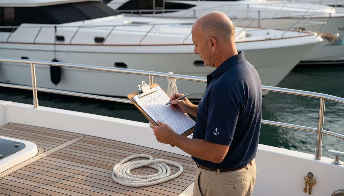 Marine surveyor checking yacht with clipboard