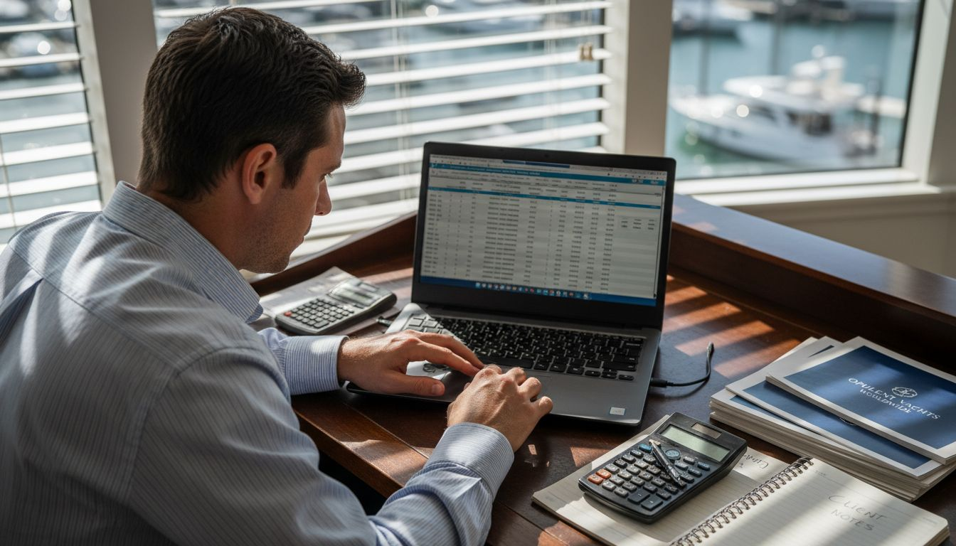 Yacht sales professional reviewing finances