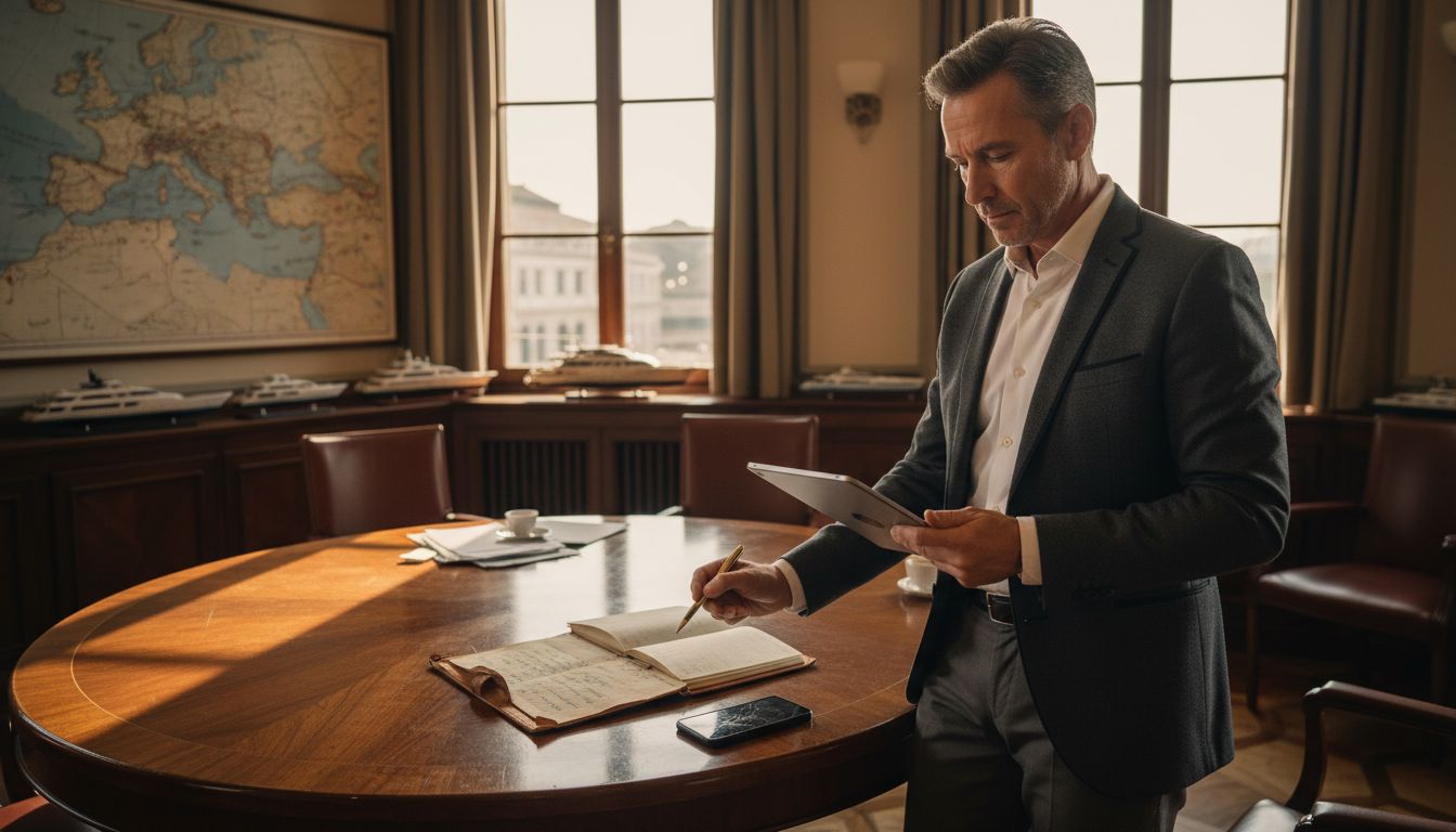 Luxury broker reviewing CRM features on tablet