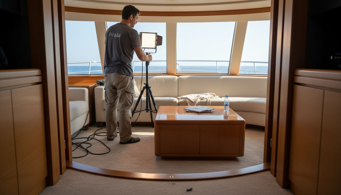 Adjusting lighting in yacht interior walkthrough