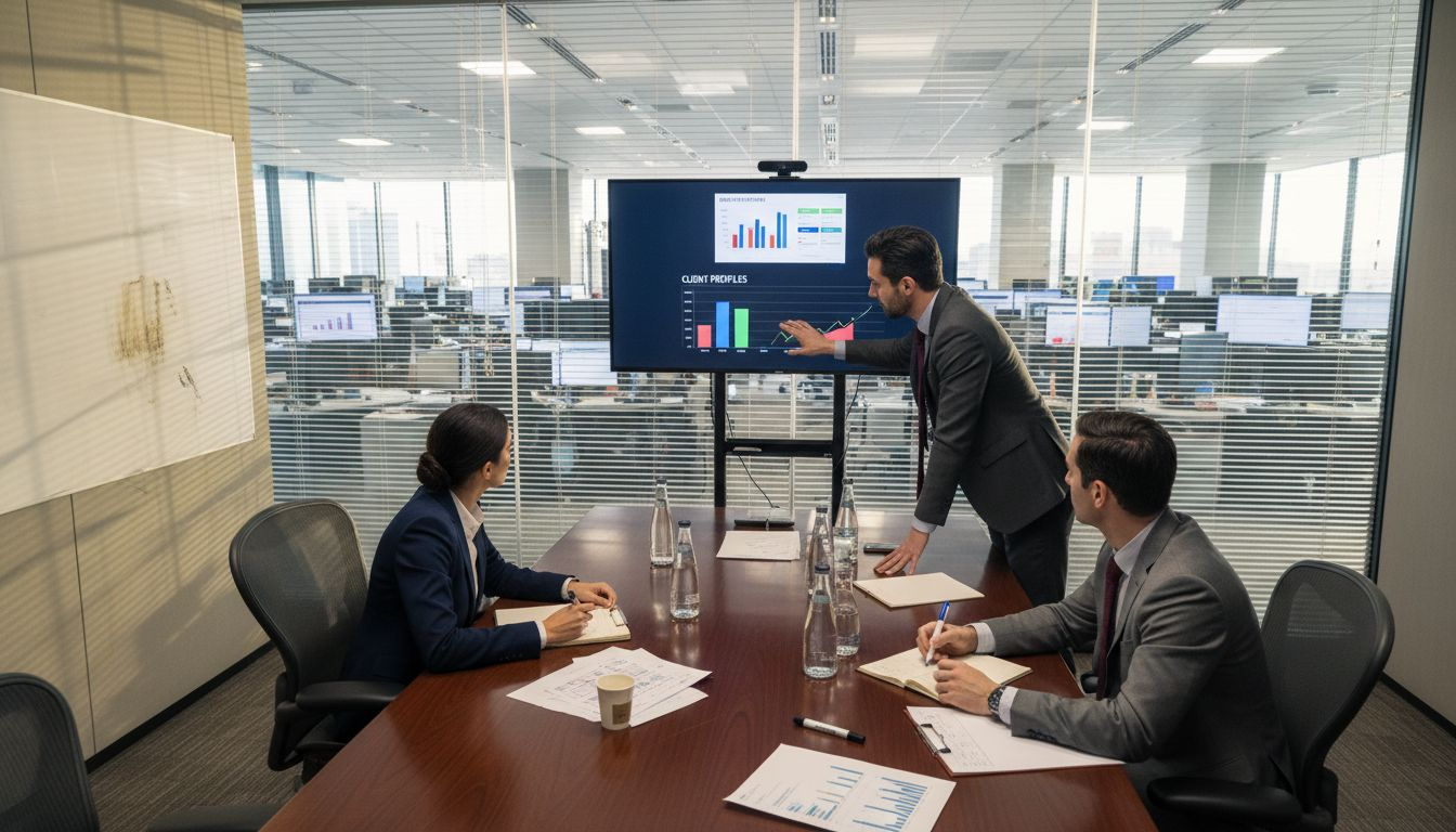 Brokers discuss client insights in conference room