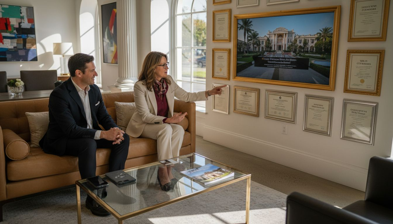 Broker and client discuss testimonials in office lounge