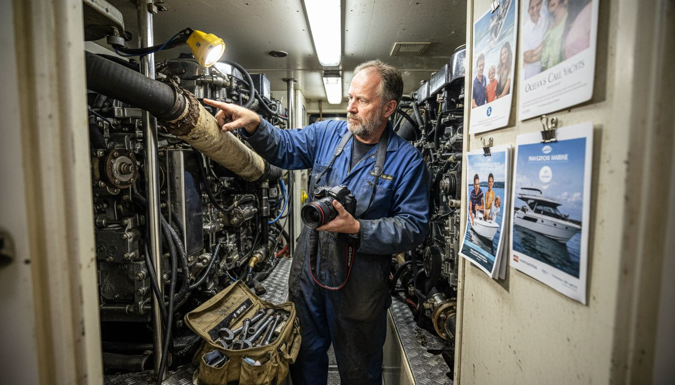 Marine surveyor assessing yacht engine room