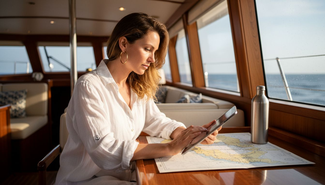 Client using technology on luxury yacht
