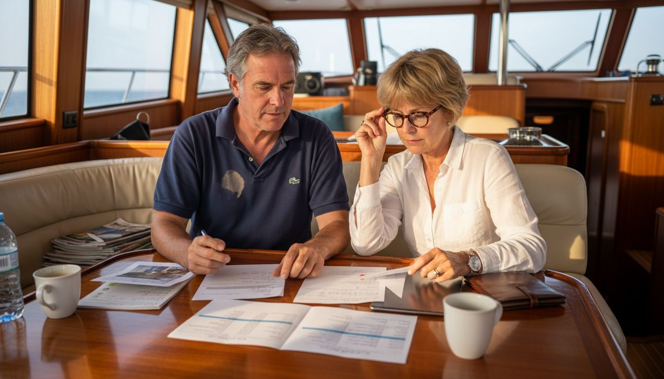 Couple budgeting inside yacht cabin