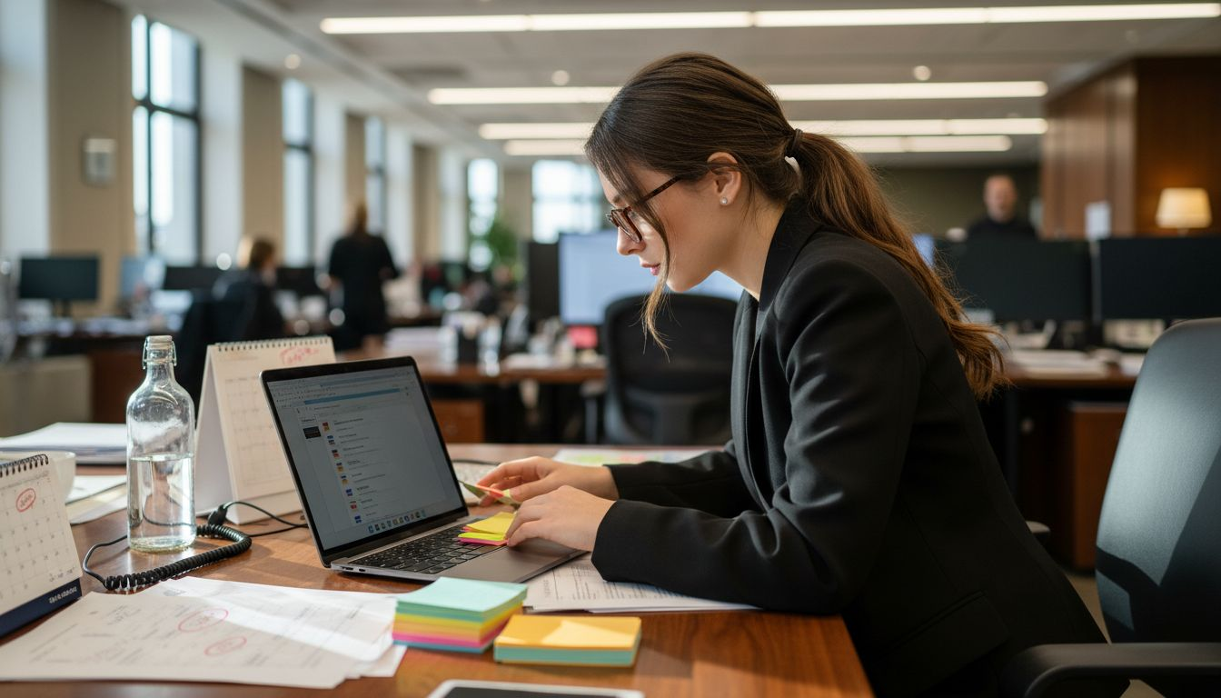 Broker organizing follow-up notes at desk