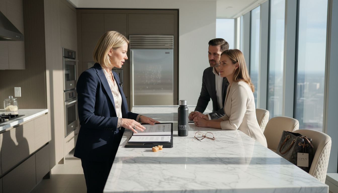 Luxury broker consulting clients in modern kitchen