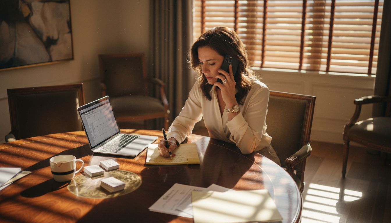Agent taking client call at meeting table