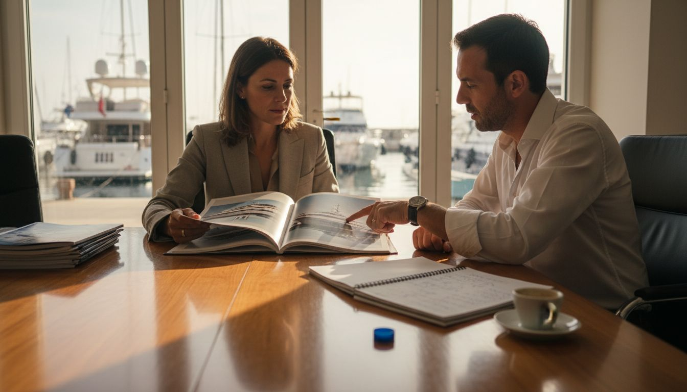 Yacht buyer consulting with broker inside office