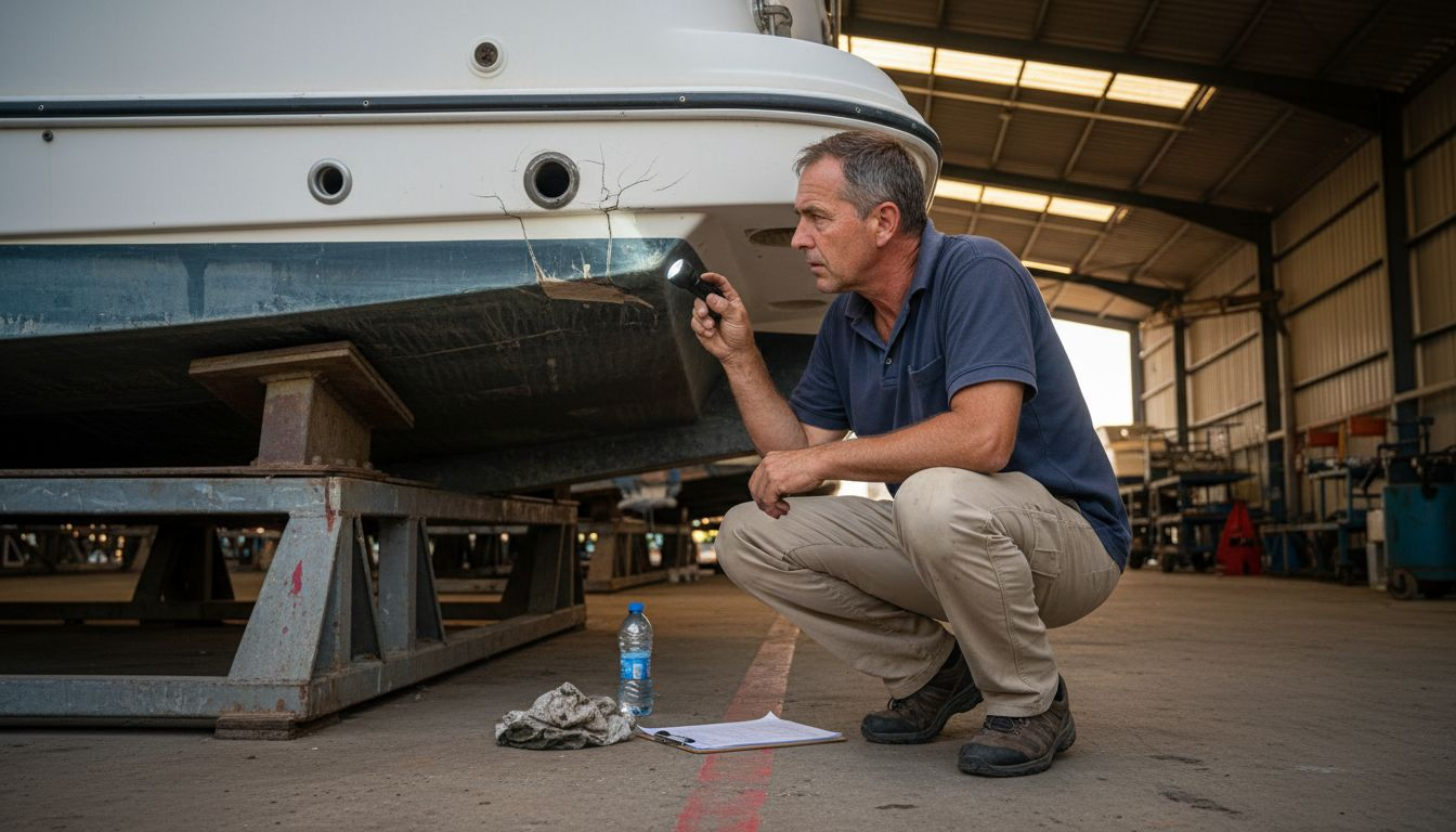 Marine surveyor closely inspects yacht hull