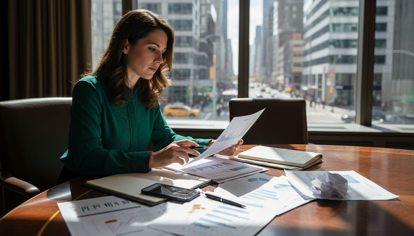 Broker analyzing market report charts at desk