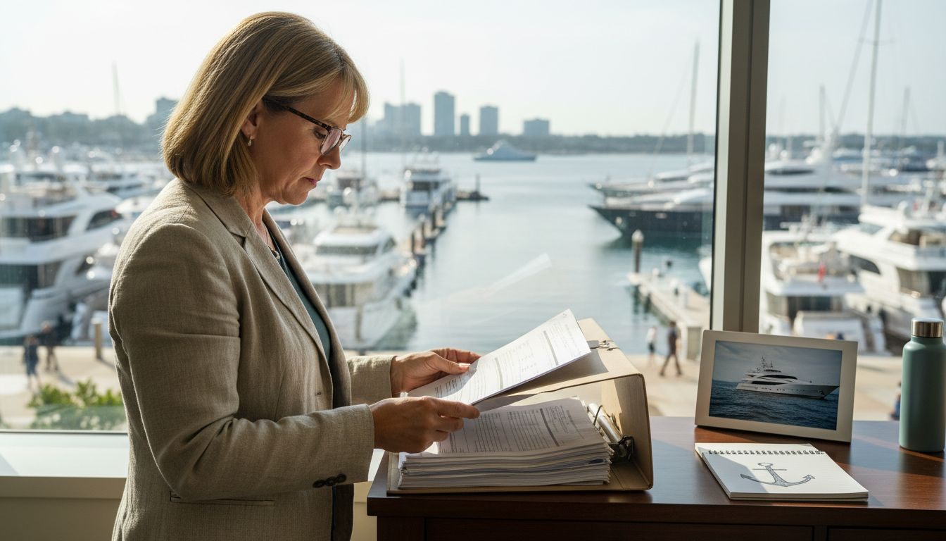 Broker reviewing yacht appraisal documents by window