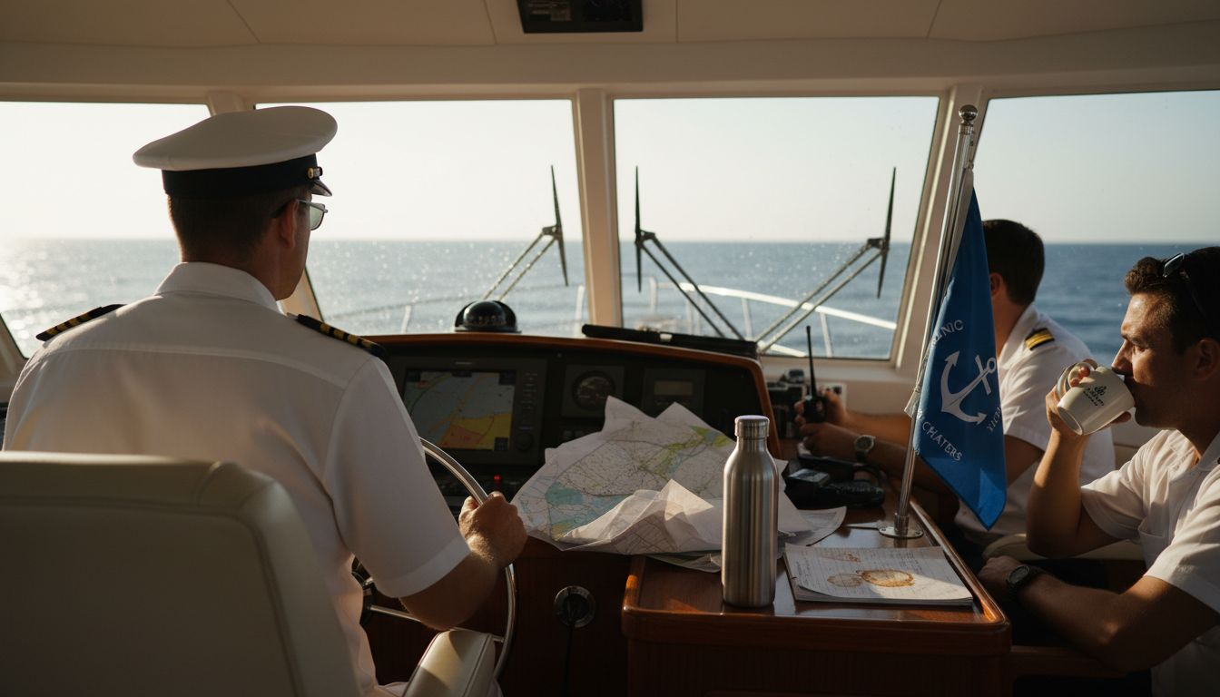 Captain and crew at yacht helm navigating sea