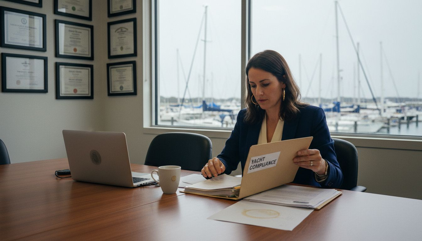 Broker reviewing yacht documents in marina office
