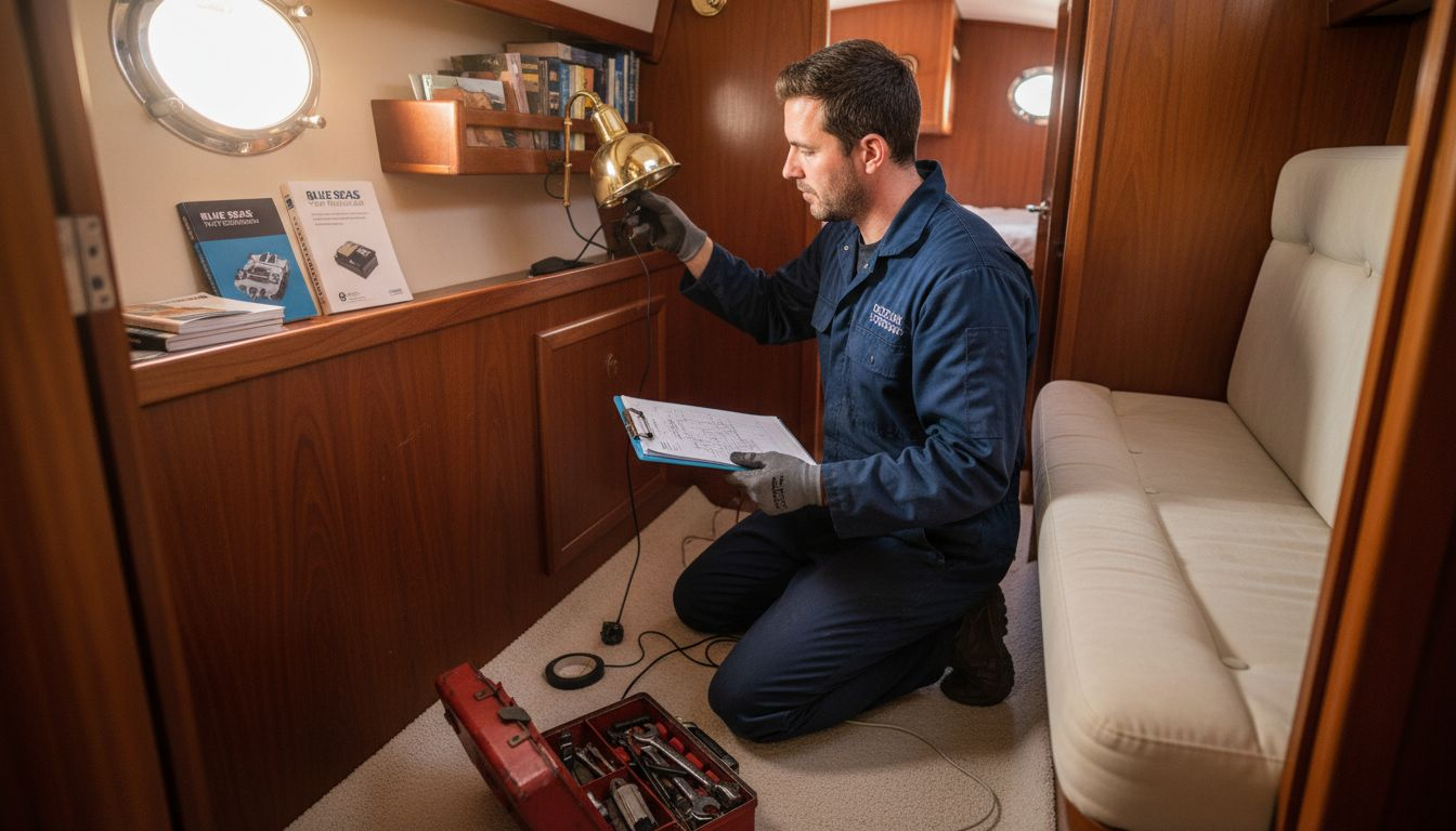 Technician upgrading yacht cabin interior