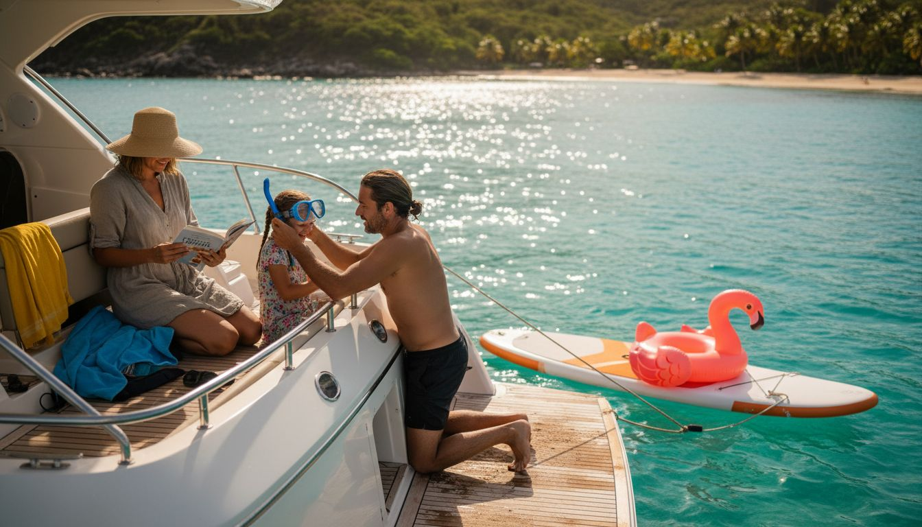 Family on yacht in Caribbean cove