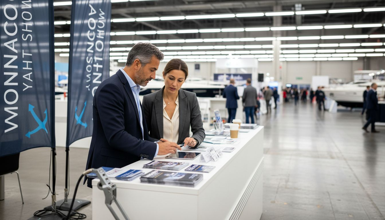 Yacht show broker greeting guest indoors