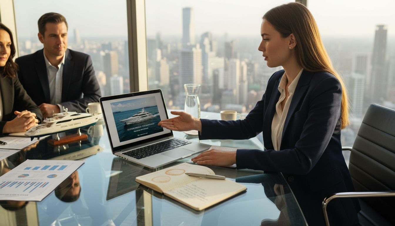 Broker showing digital yacht marketing in meeting room