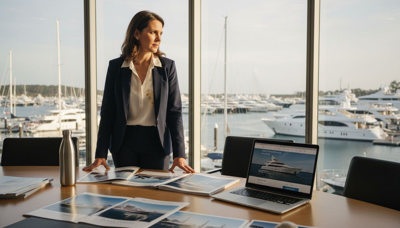 Marketing manager reviews yacht listing materials