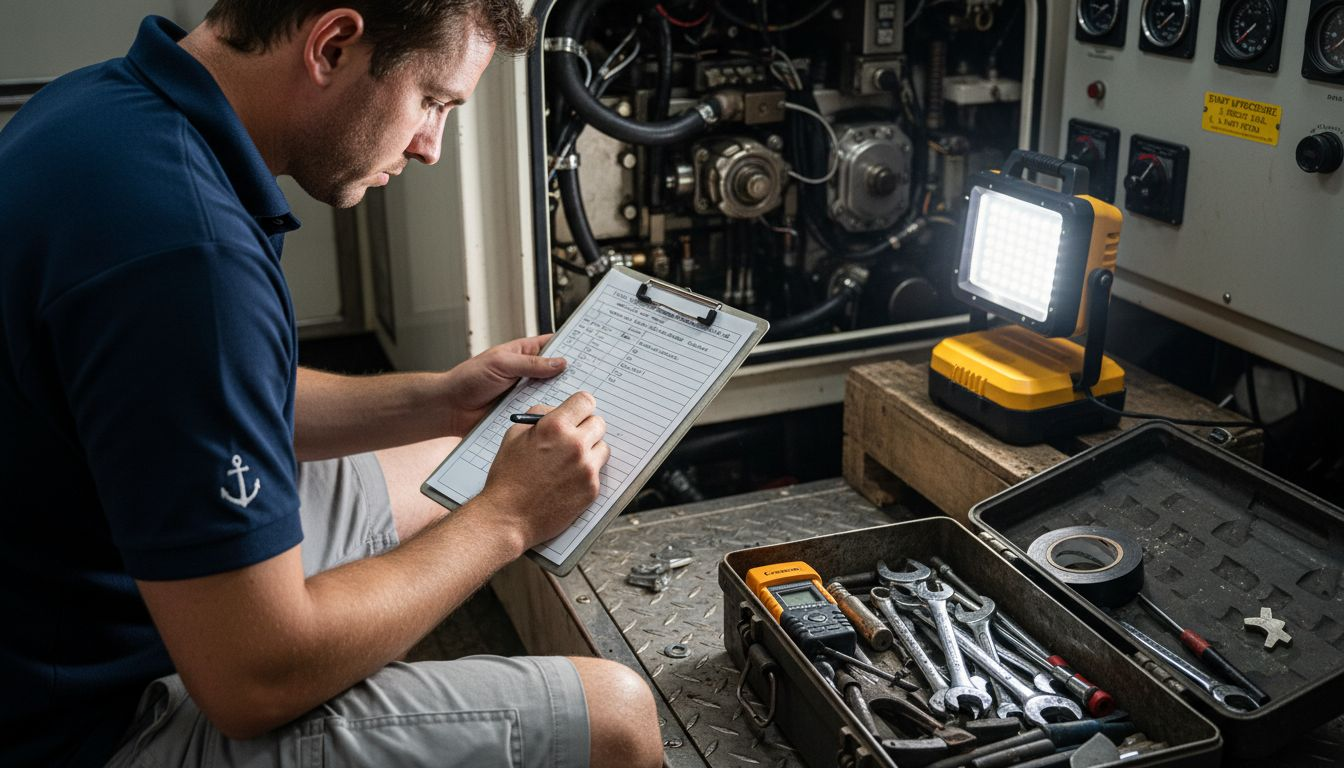 Crew member checking yacht machinery maintenance list