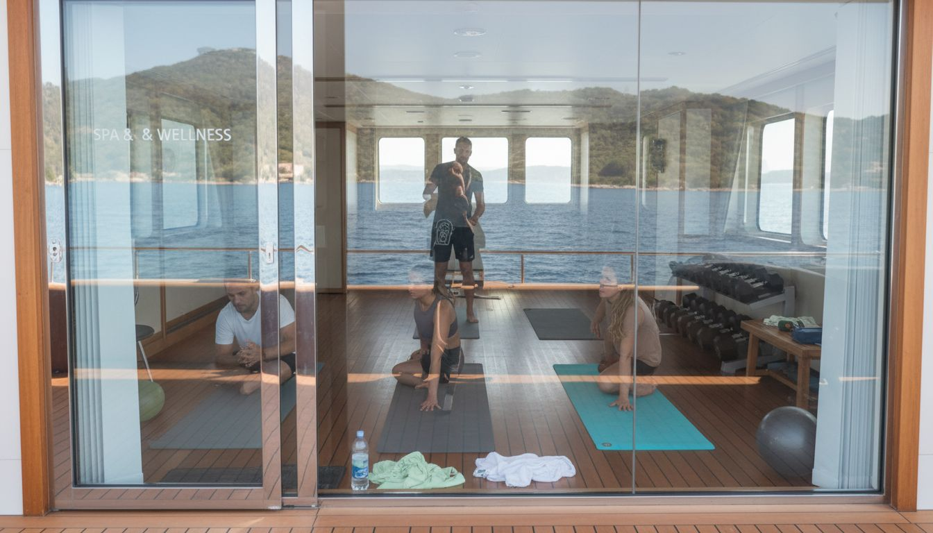 Fitness session in superyacht glass-walled gym