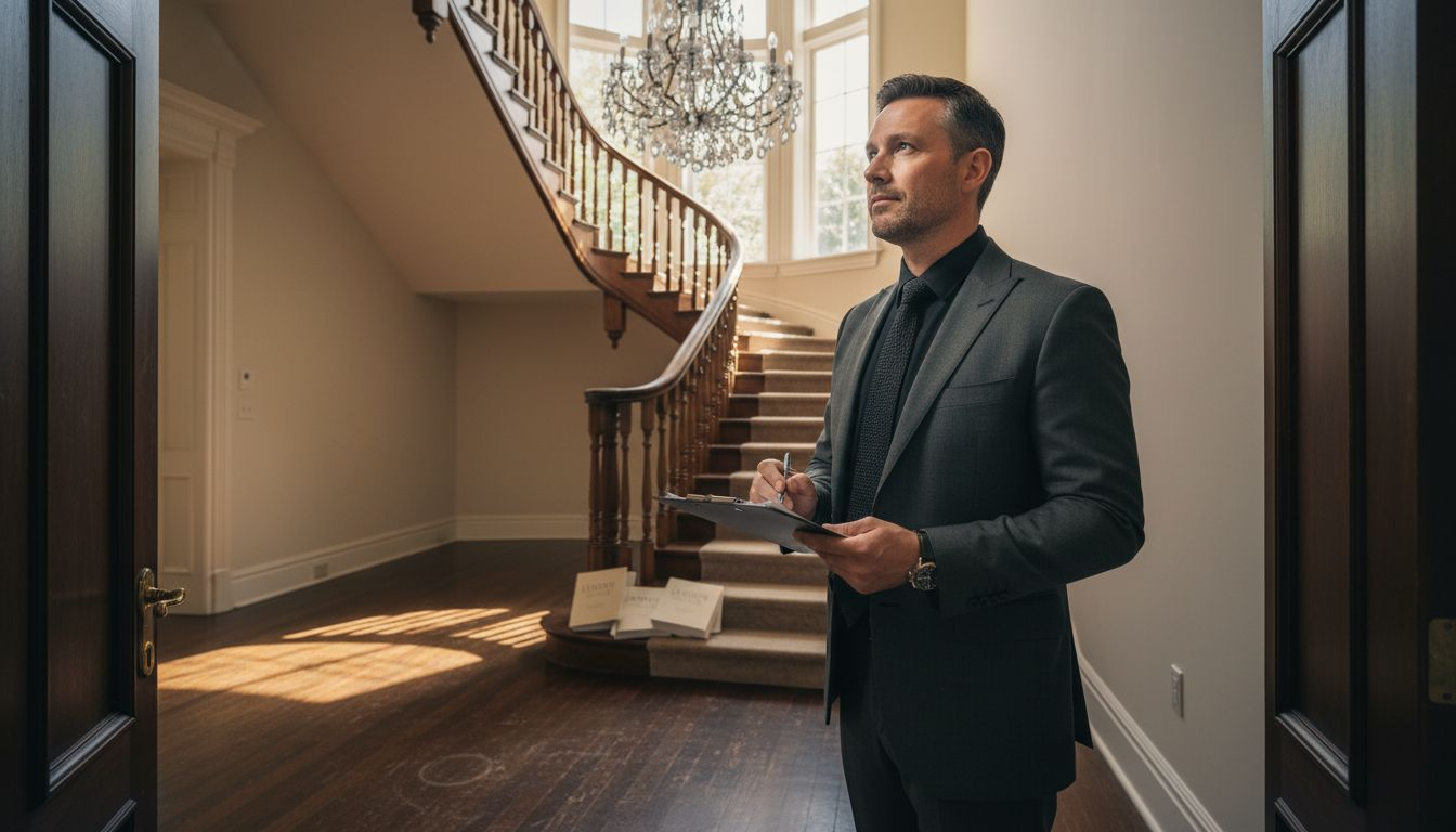 Agent inspecting luxury home with checklist