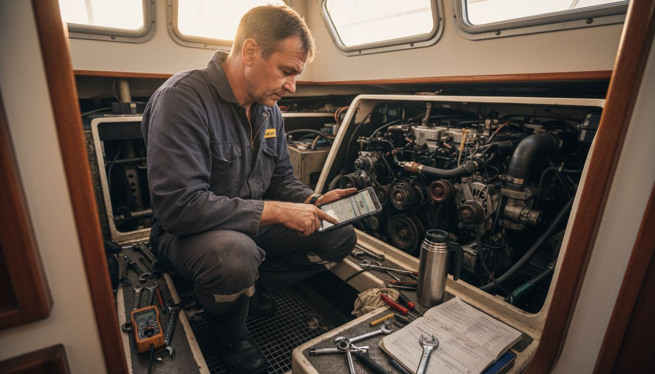 Technician inspecting yacht engine for maintenance