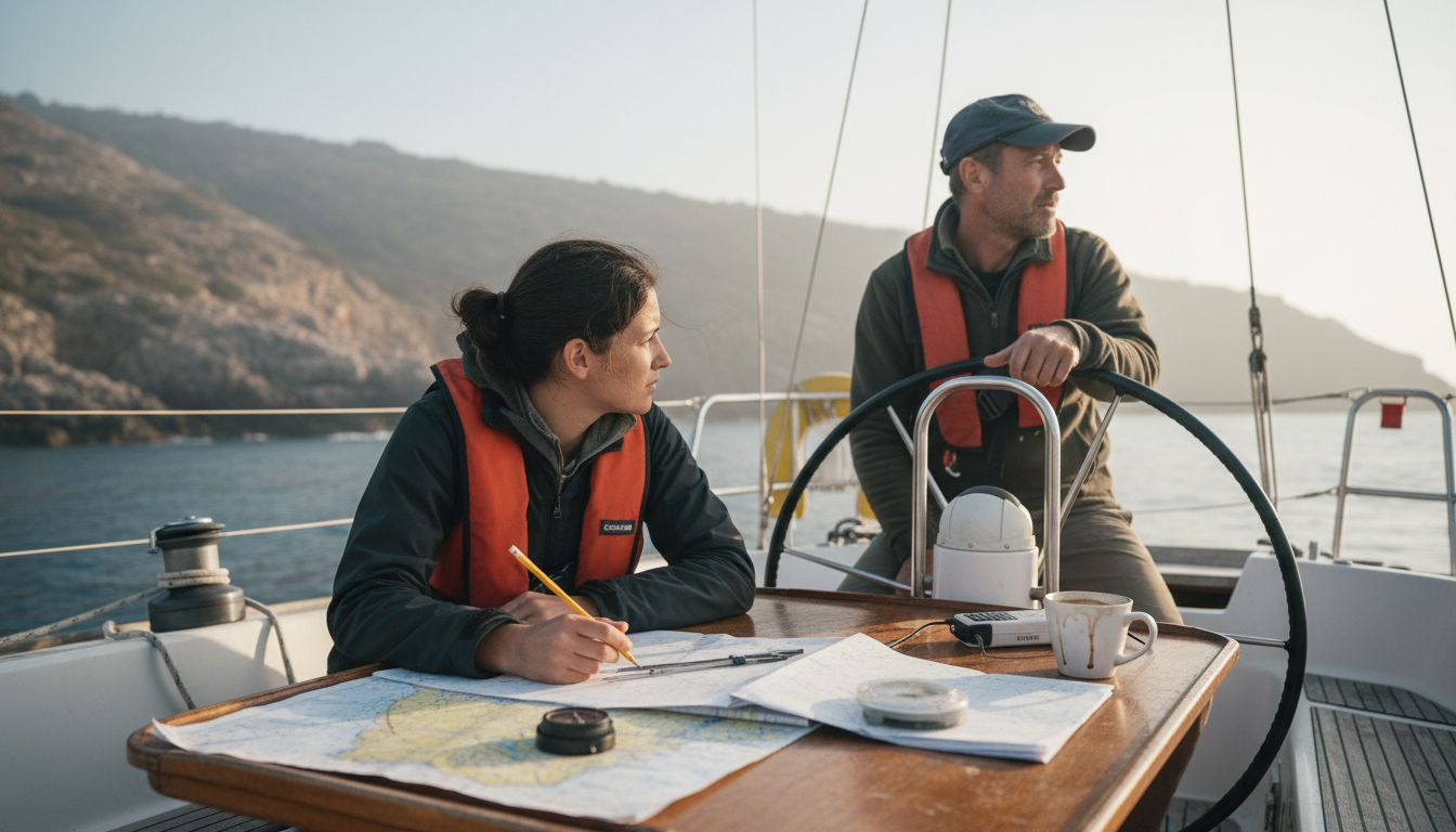 Friends navigating bareboat yacht together
