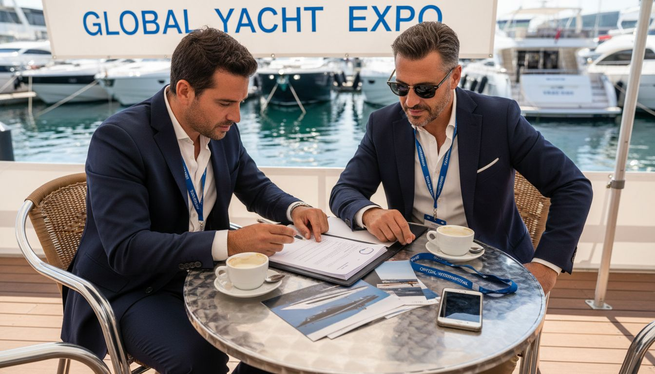 Yacht buyers and broker at show negotiation table
