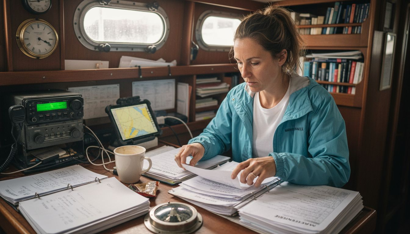 Yacht manager organizing crew schedules in cabin