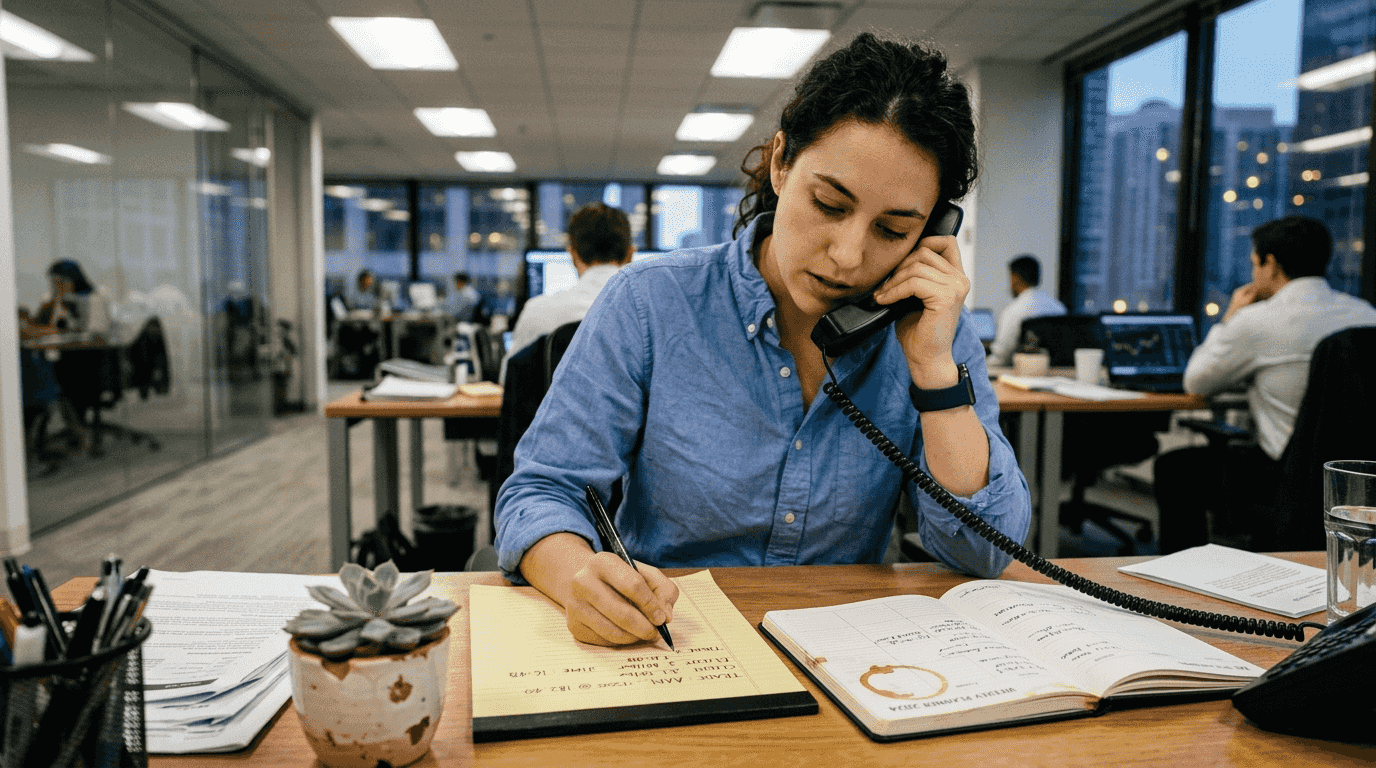 Broker taking call and noting follow-up details