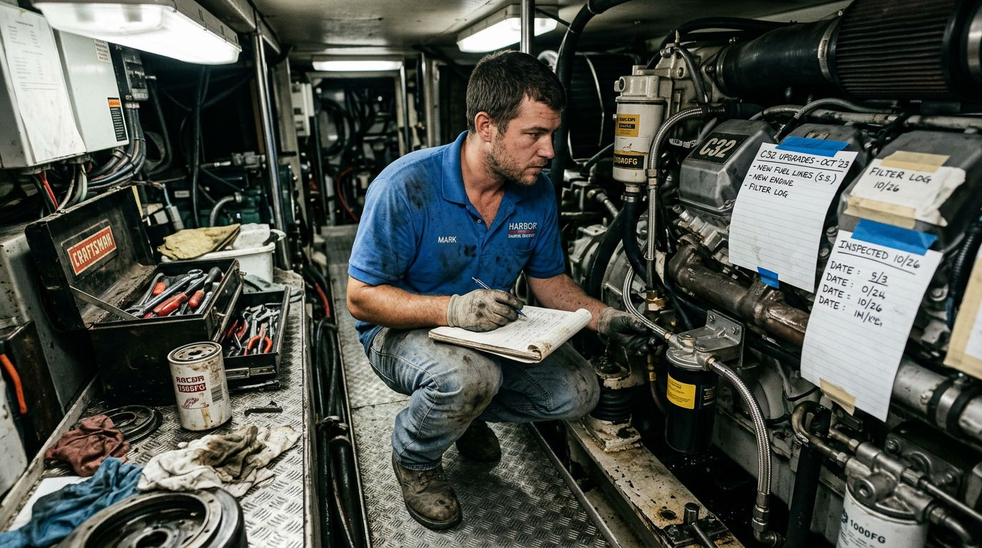 Technician inspecting upgraded yacht engine