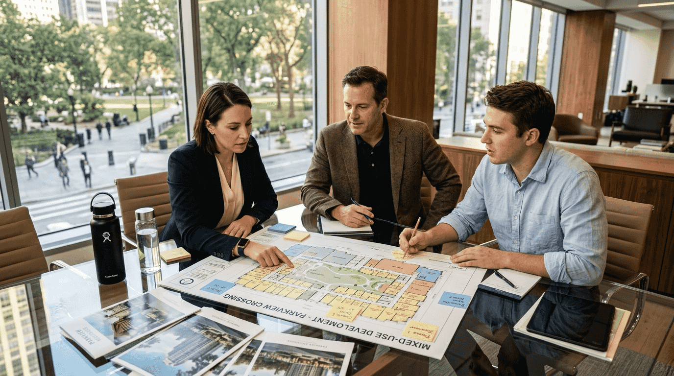 Agents reviewing mixed-use development floor plan