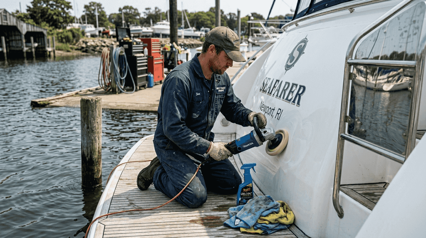 Technician cleaning yacht exterior detailing