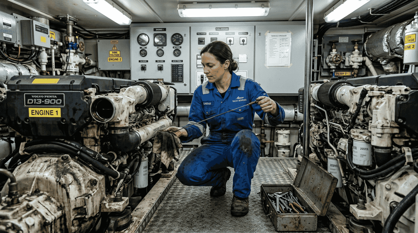 Engineer checks diesel yacht engines in engine room