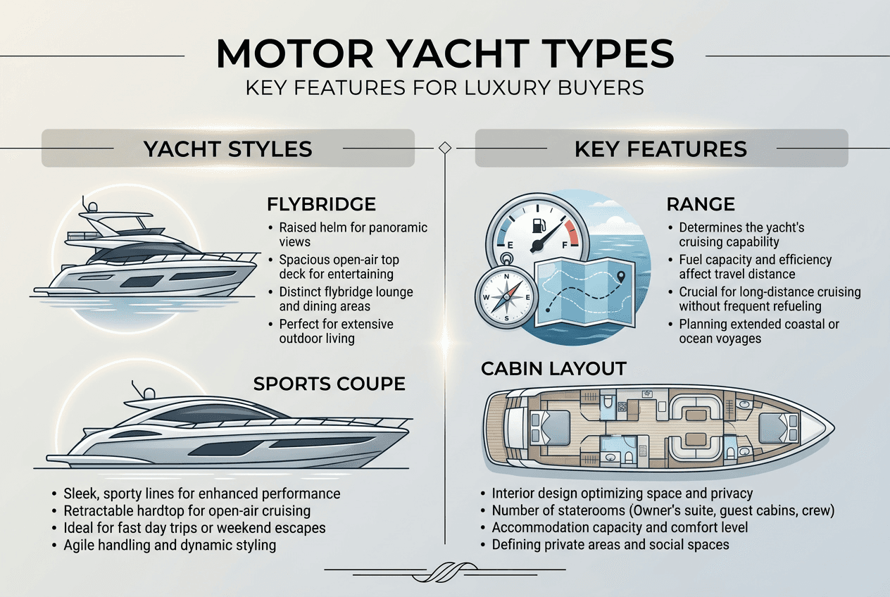 Infographic with major motor yacht types and features
