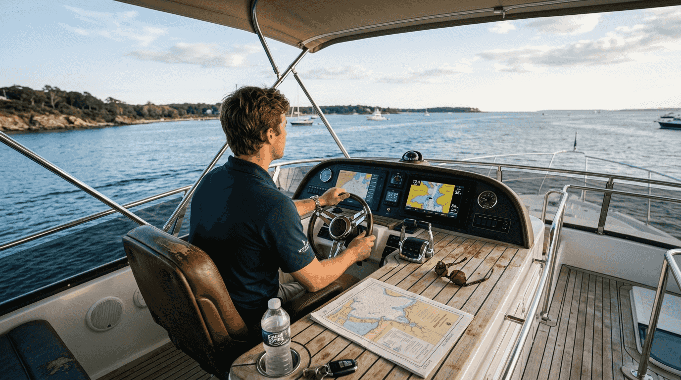 Motor yacht flybridge helm interior detail