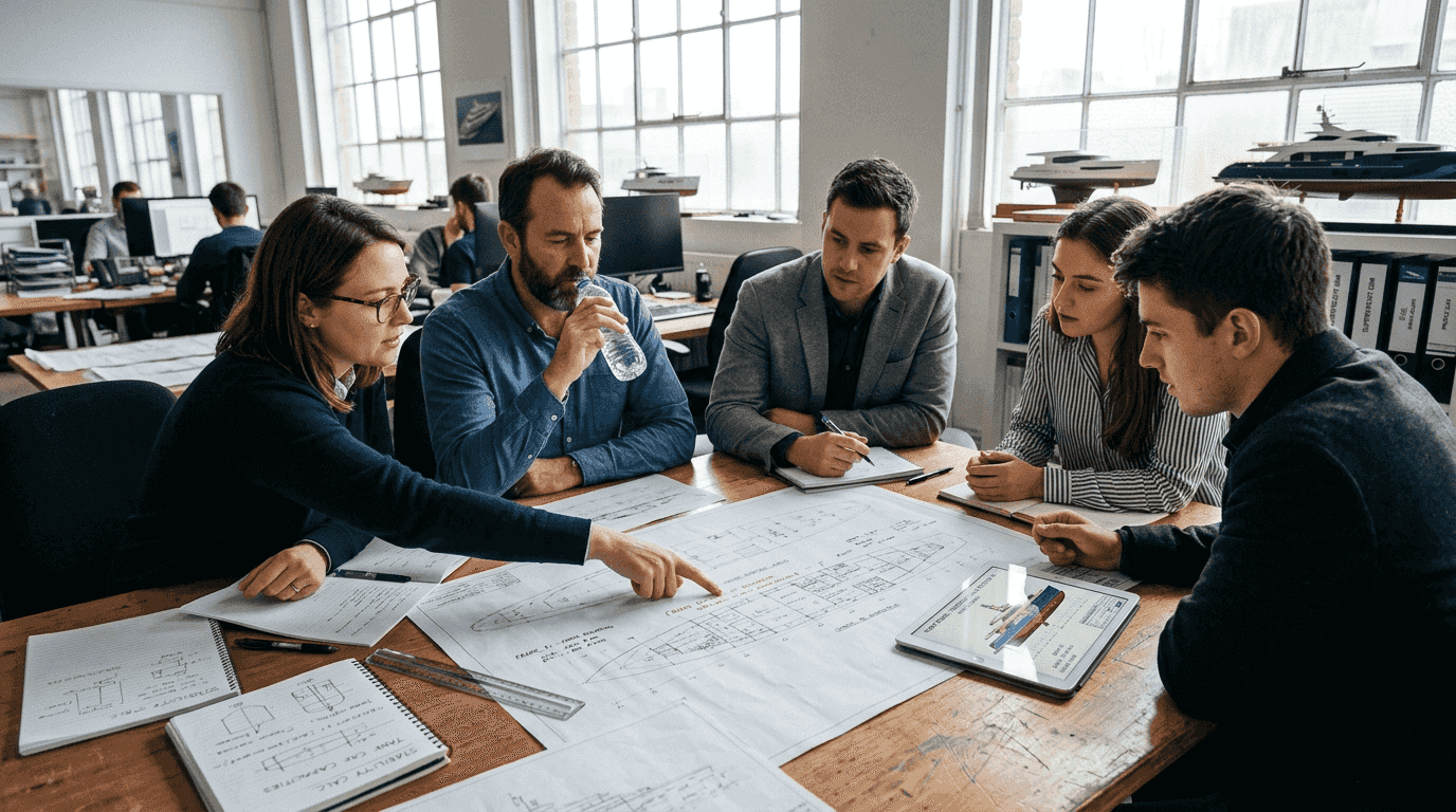 Yacht designers reviewing blueprints at table