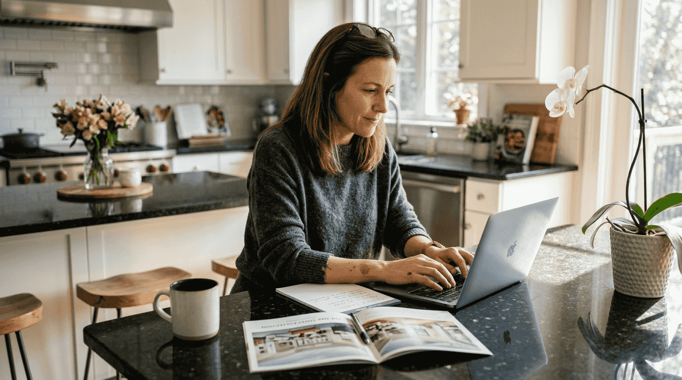 Woman writing real estate listing at kitchen