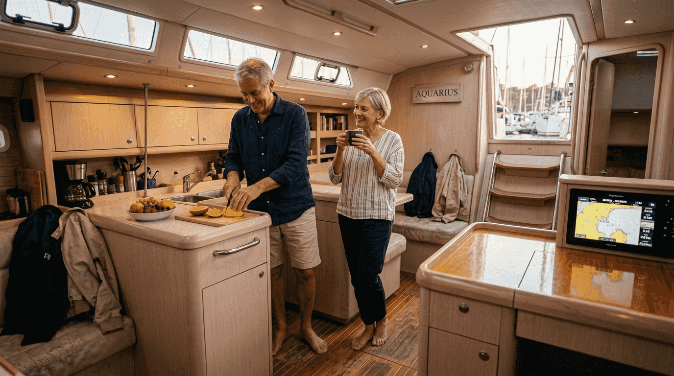 Couple enjoying modern yacht galley interior
